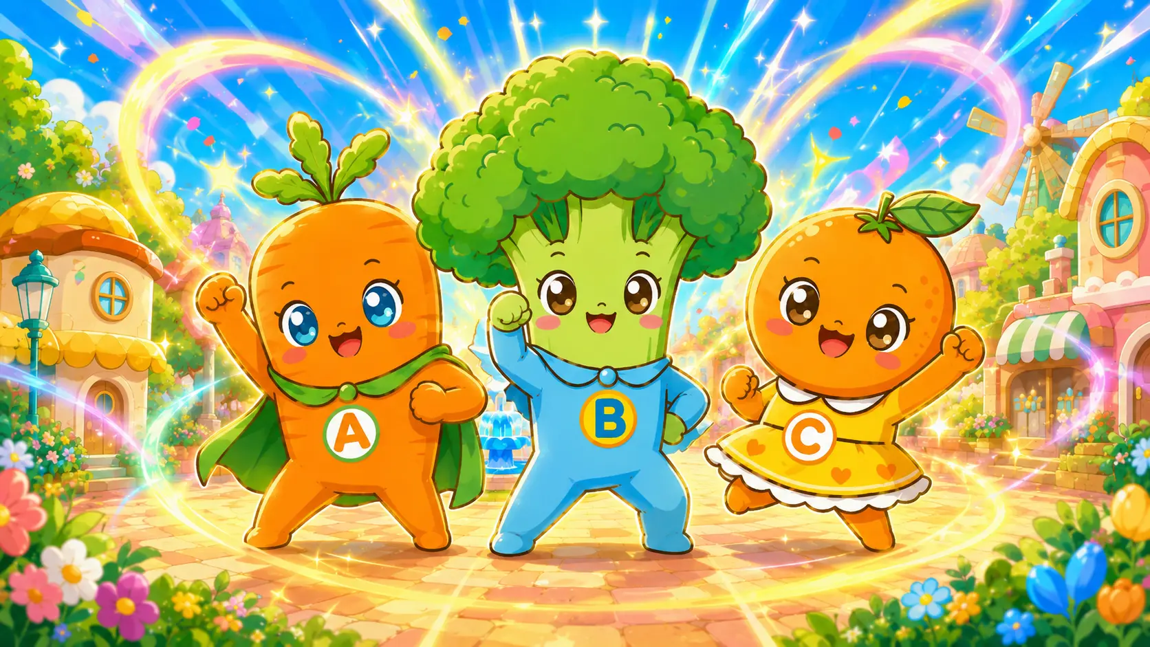 からだタウンに集合したビタミンAくん、Bくん、Cちゃん